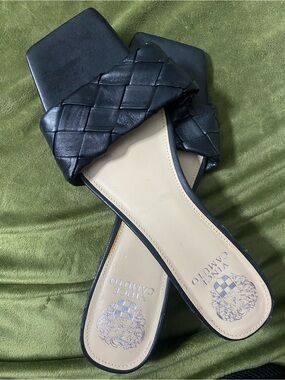 Vince Camuto Black Braided Square-Toe Slide Sandals